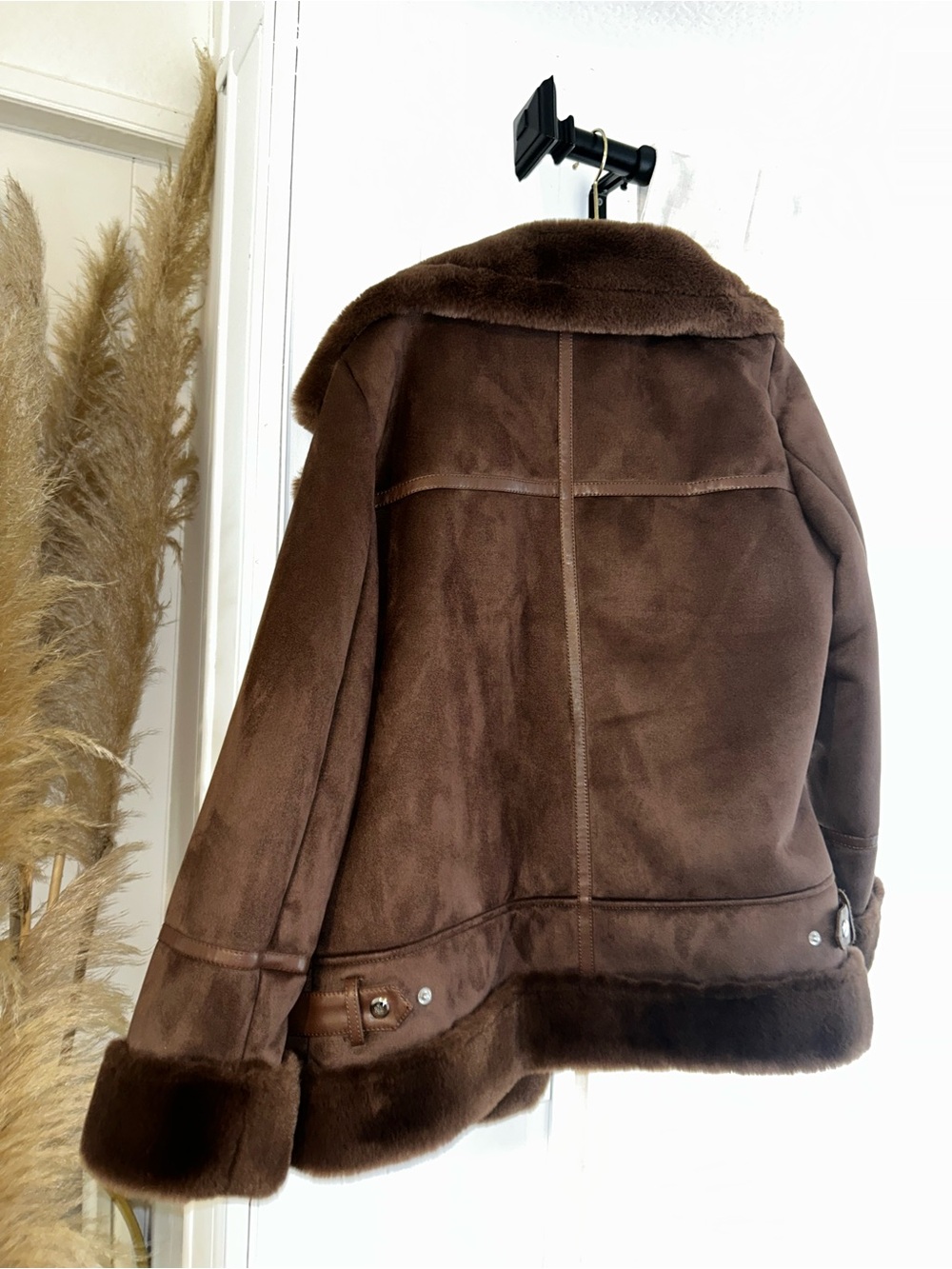 Lauren Ralph Lauren Brown Faux Suede Shearling Moto Jacket - Picture 8 of 9